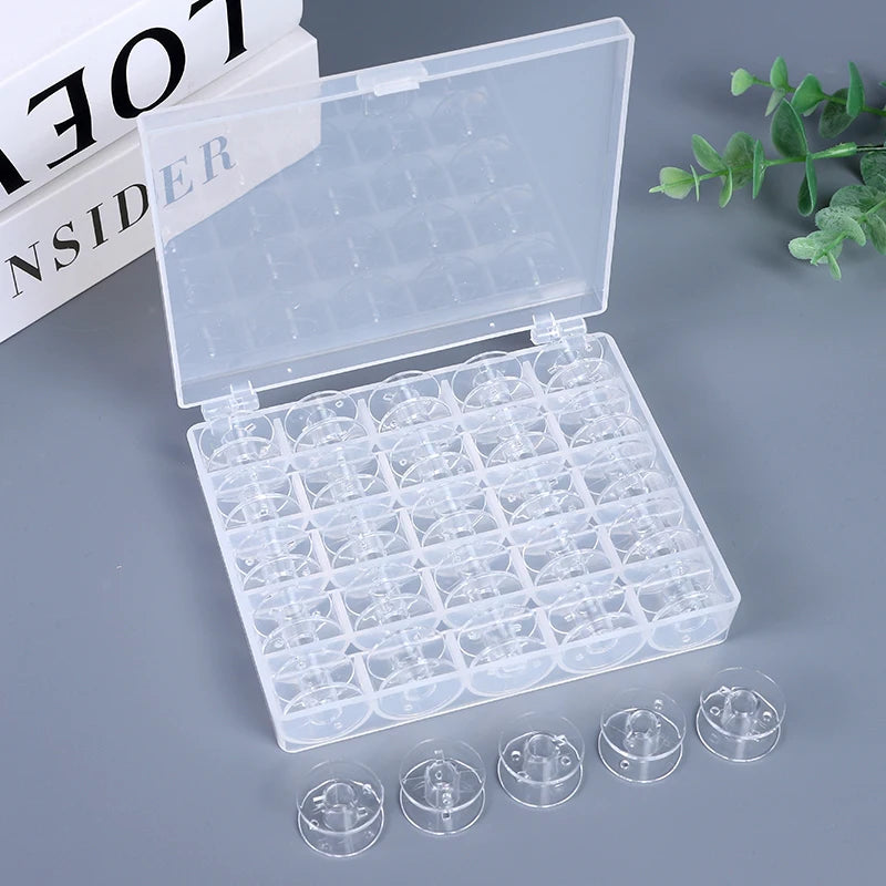 🧵 25 Bobines Vides Transparentes + Boîte de Rangement 💡🎁