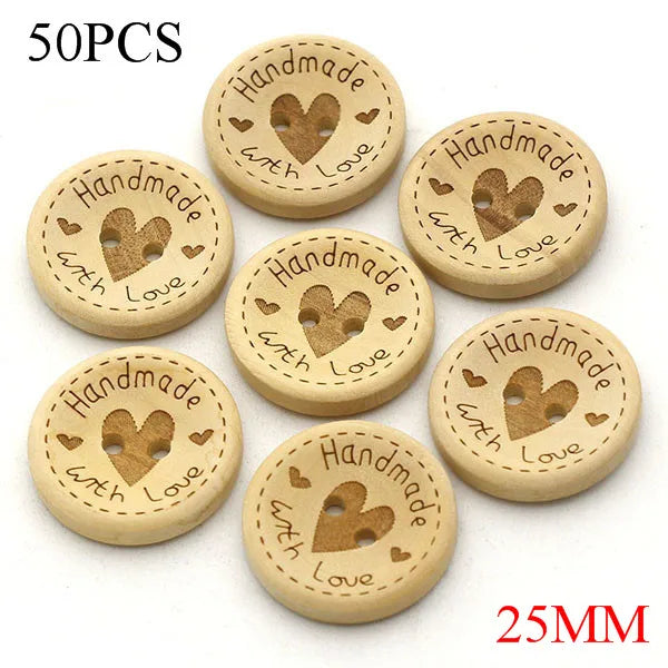 🪵 Lot de 50 Boutons Bois "Handmade With Love"