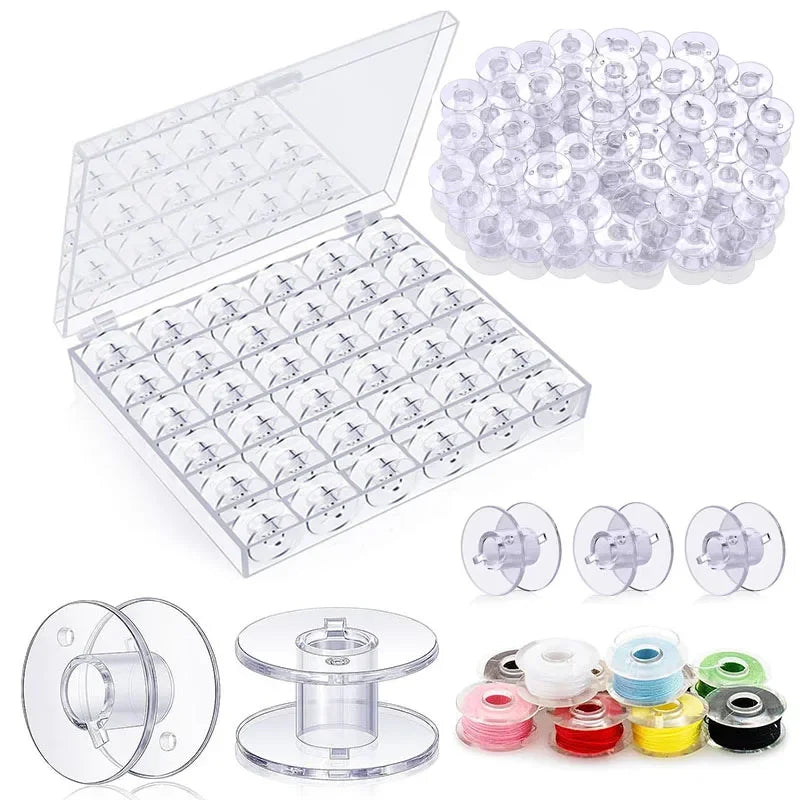 🧵 25 Bobines Vides Transparentes + Boîte de Rangement 💡🎁